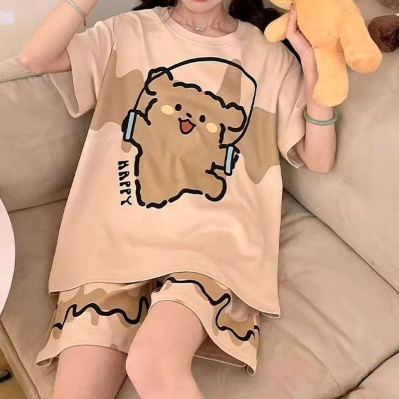 All-Season Sweet & Cute Summer 2 Pcs Women 's Short  Sleeve Sleep Set | Color: Light Brown | Image 1