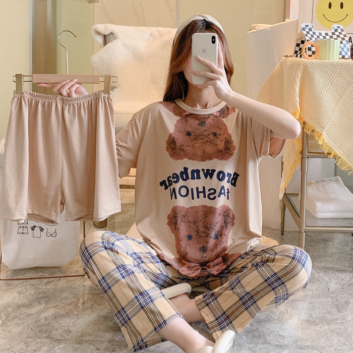 Minimalist Summer 3 Pcs Women 's Short  Sleeve Sleep Set | Color: Brown | Image 1