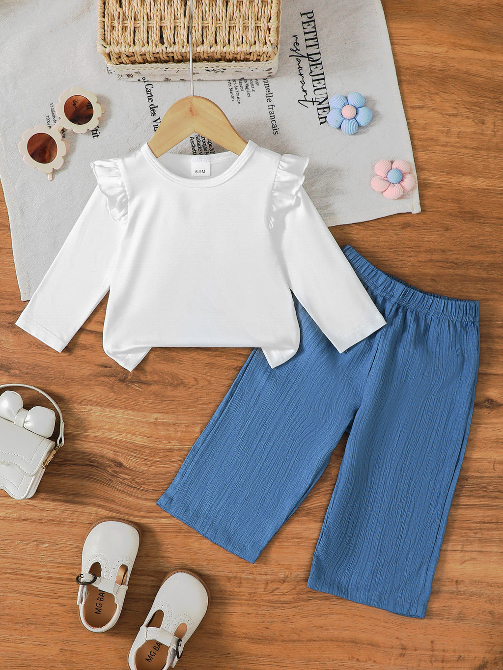 Minimalist Autumn 2-Piece Baby Girls' Pants Suit, Ages 0-12 Months | Color: White | Image 1