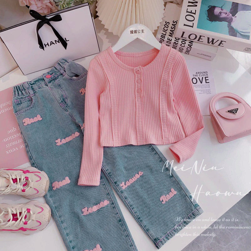 Casual Sporty Autumn 2-Piece Girls' Pants Suit | Color: Pink | Image 1