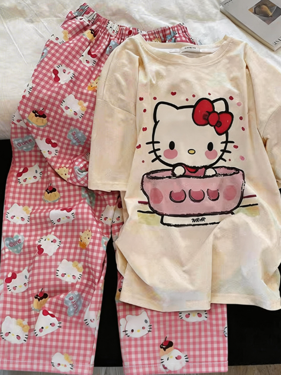 Modern Chic All-Season Sweet Feminine Summer 2 Pcs Women 's Short  Sleeve Sleep Set | Color: Style 1 | Image 1