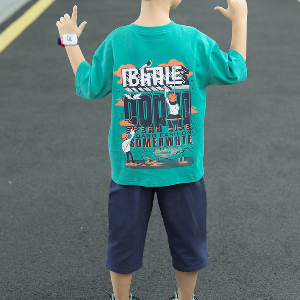 Minimalist Summer 2-Piece Boys' Pants Suit, Ages 4-13 | Color: Green | Image 2