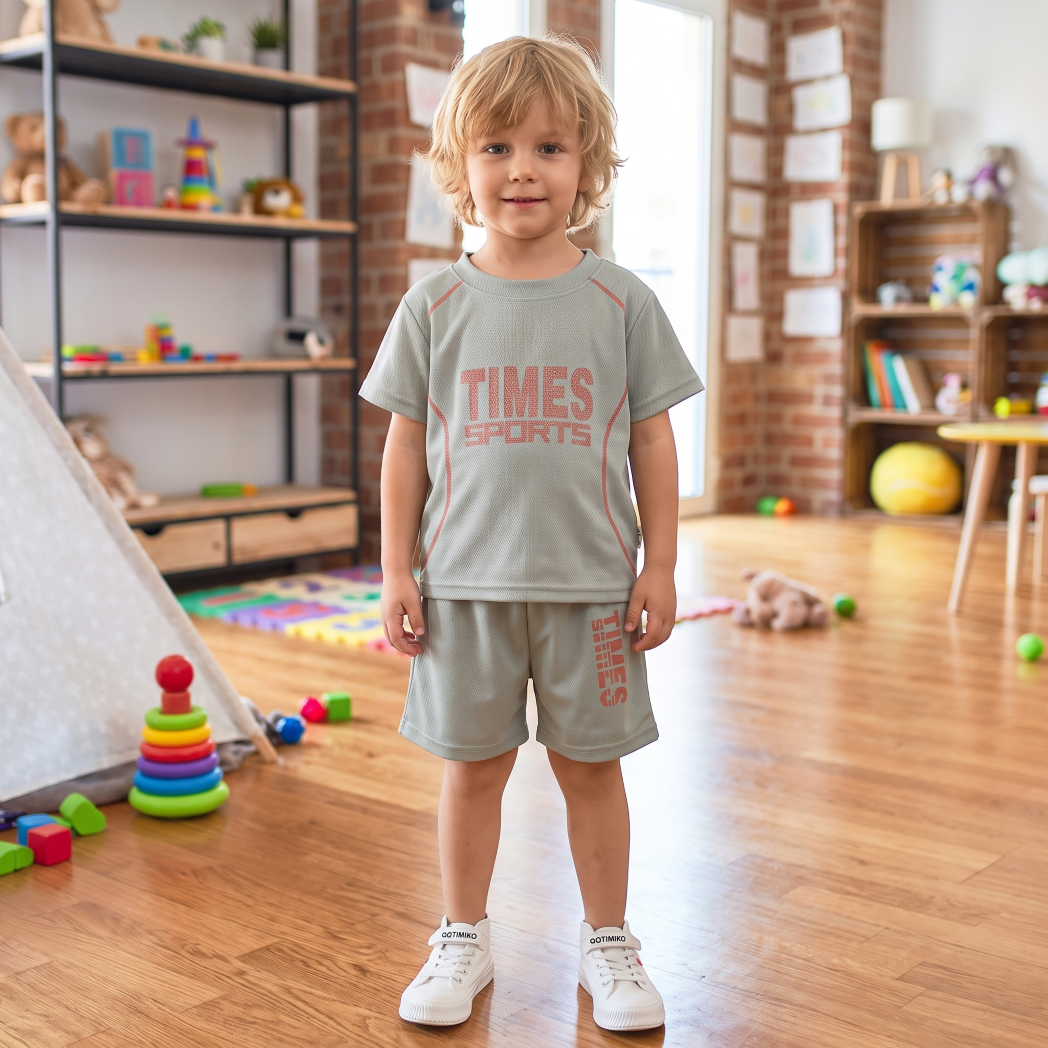 Minimalist Summer 2-Piece Unisex Kids' Pants Suit, Ages 3-11 | Color: Grey | Image 1
