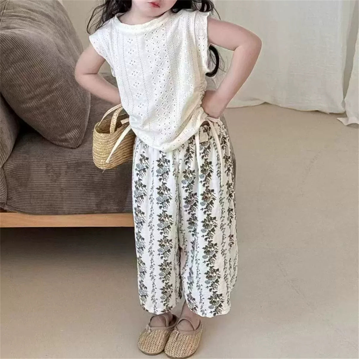 Minimalist Summer 2-Piece Girls' Pants Suit, Ages 4-9 | Color: Beige | Image 1