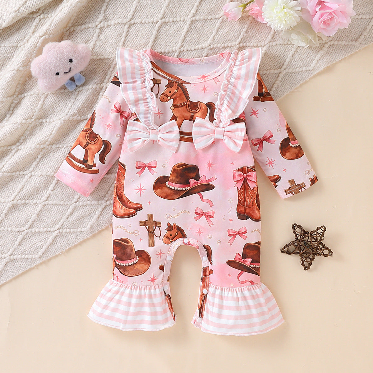Trendy Autumn Baby Girls' Jumpsuit, Ages 0-6 Months | Color: Deep Brown | Image 1