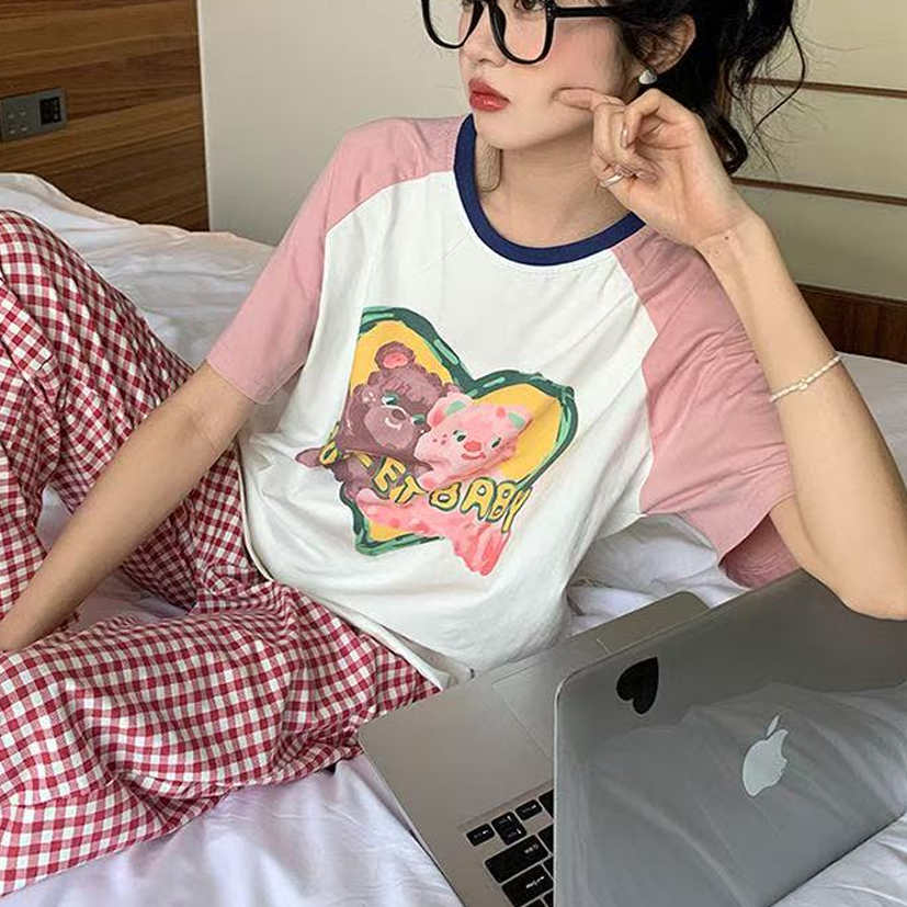 Sweet Feminine Summer 2 Pcs Women 's Short  Sleeve Sleep Set | Color: Style 2 | Image 3