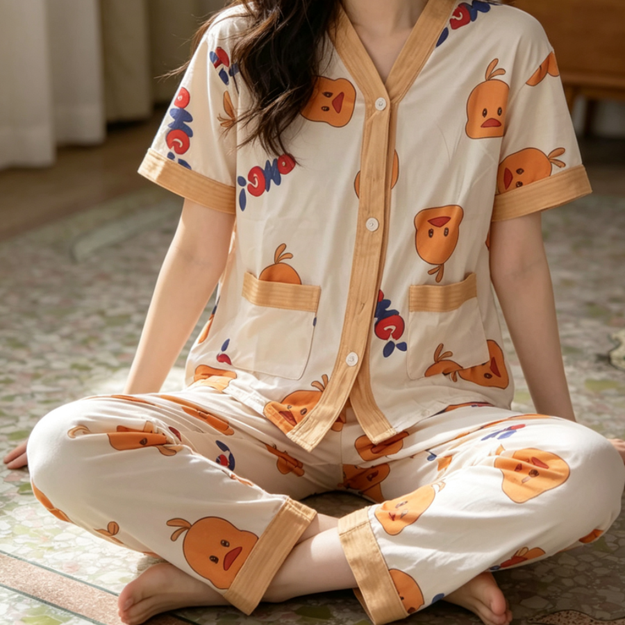 Modern Chic All-Season Minimalist Summer 2 Pcs Women 's Short  Sleeve Night Set | Color: Apricot | Image 3