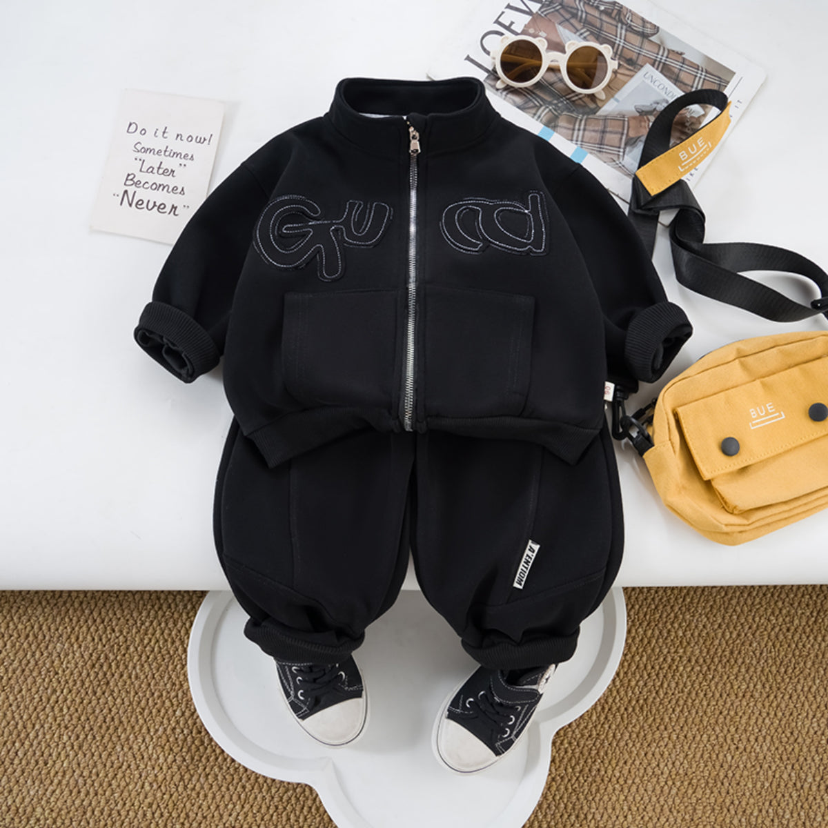 Modern Chic All-Season Casual Sporty Autumn 2-Piece Boys' Pants Suit, Ages 2-7 | Color: Black | Image 2