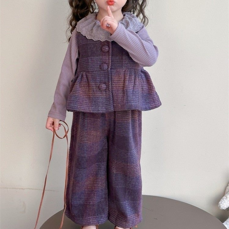 Elegant Autumn 3-Piece Girls' Pants Suit, Ages 2-9 | Color: Purple | Image 1