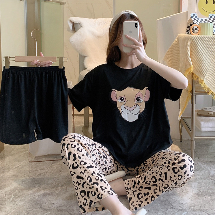 Minimalist Summer 3 Pcs Women 's Short  Sleeve Sleep Set | Color: Black | Image 1