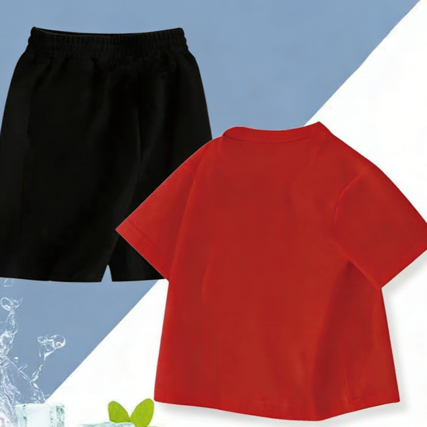 Modern Chic All-Season Minimalist Summer 2-Piece Unisex Kids' Pants Suit, Ages 2-7 | Color: Red | Image 3