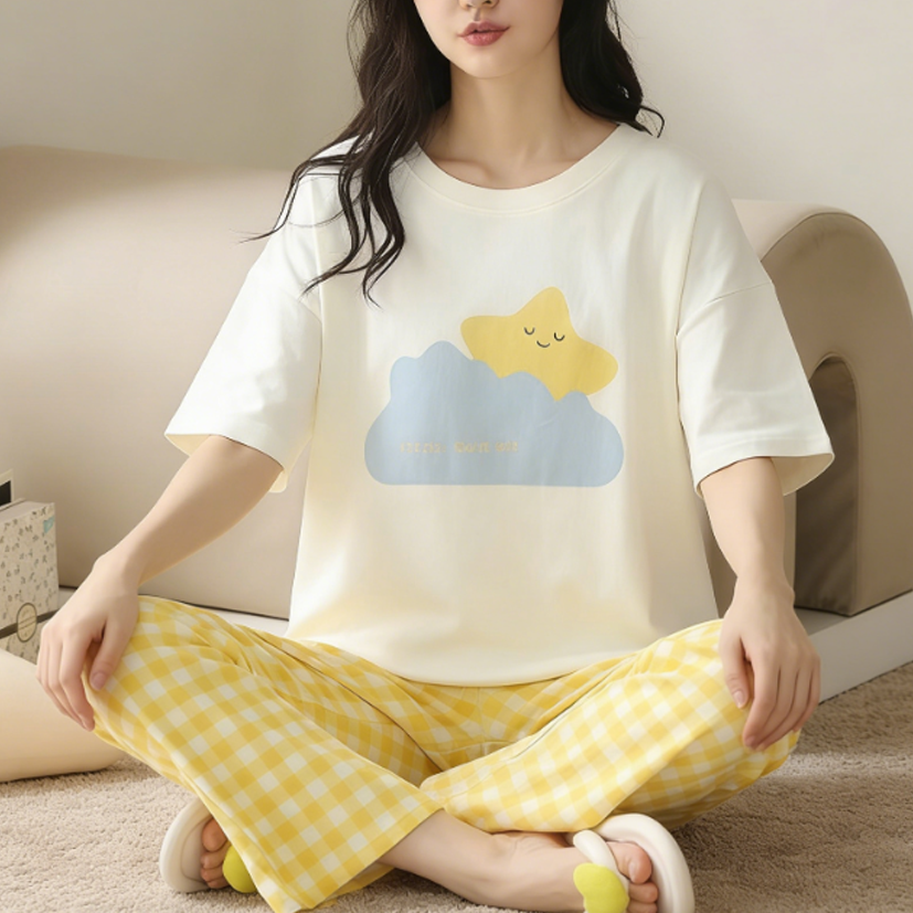 Sweet Feminine Summer 2 Pcs Women 's Short  Sleeve Sleep Set | Color: Style 1 | Image 3