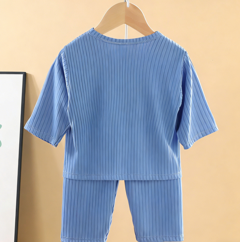 Minimalist Summer 2-Piece Unisex Kids' Pajama Set, Ages 2-9 | Color: Blue | Image 2