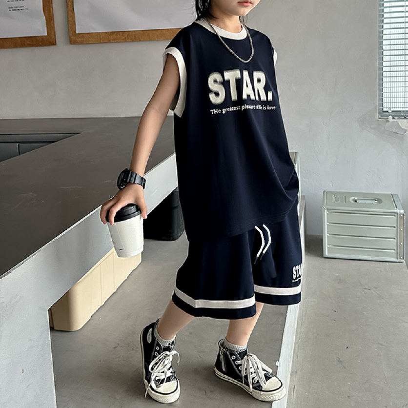 Minimalist Summer 2-Piece Boys' Pants Suit, Ages 4-14 | Color: Navy | Image 2