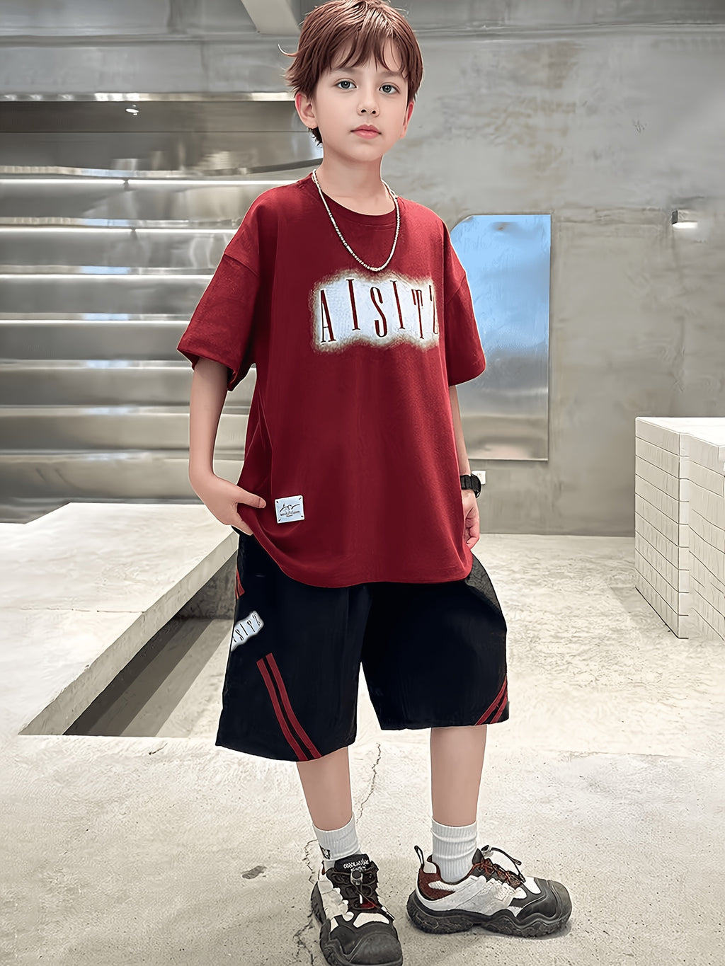 Casual Sporty Summer 2-Piece Boys' Pants Suit, Ages 4-11 | Color: Red | Image 1