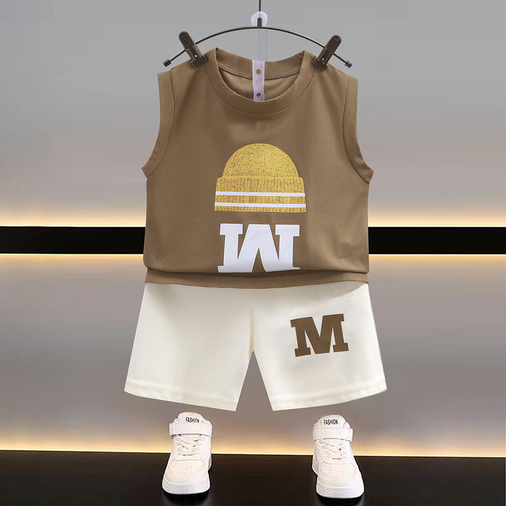 Modern Chic All-Season Minimalist Summer 2-Piece Boys' Pants Suit, Ages 2-9 | Color: Brown | Image 1