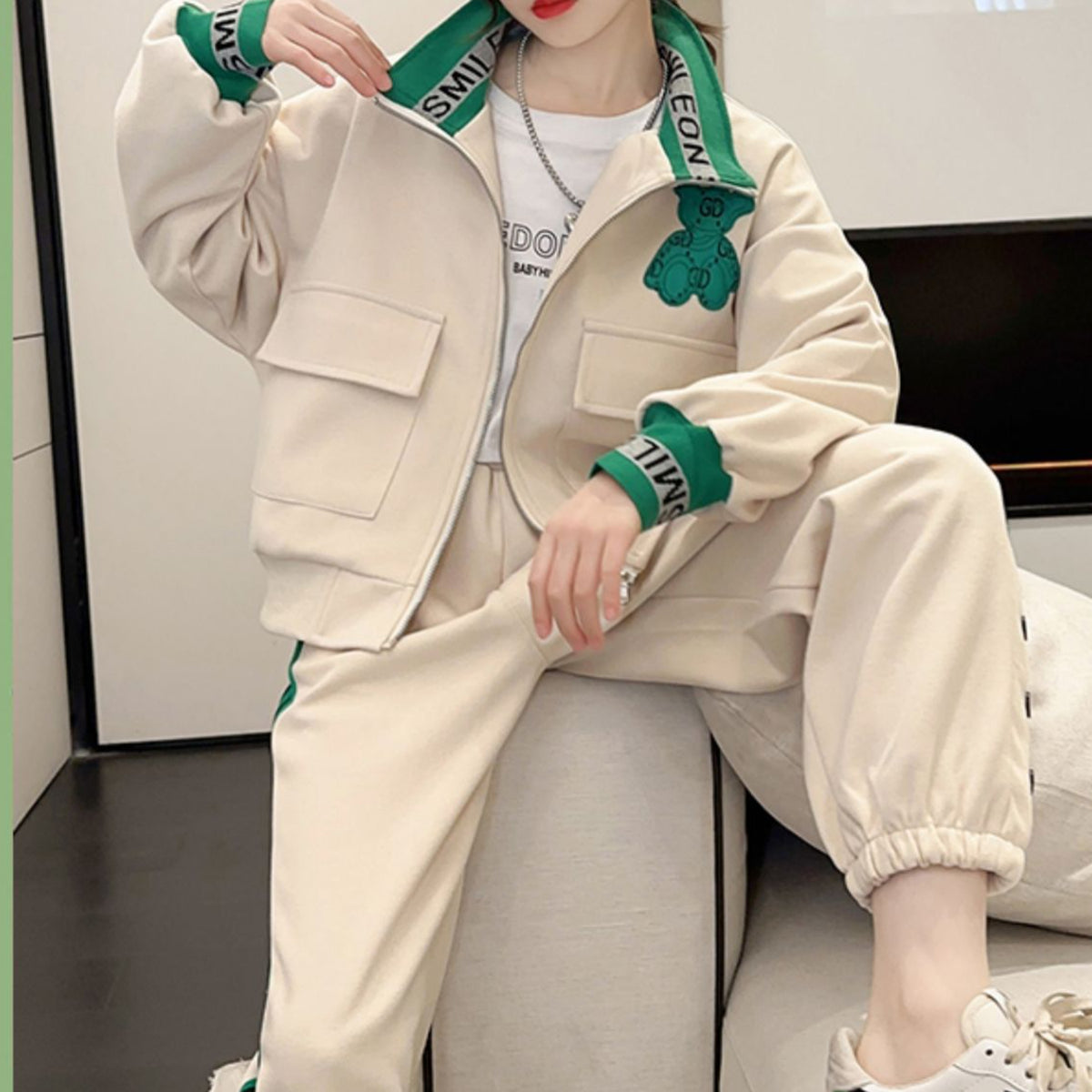 Casual Sporty Autumn 2-Piece Girls' Pants Suit, Ages 4-14 | Color: Apricot | Image 2