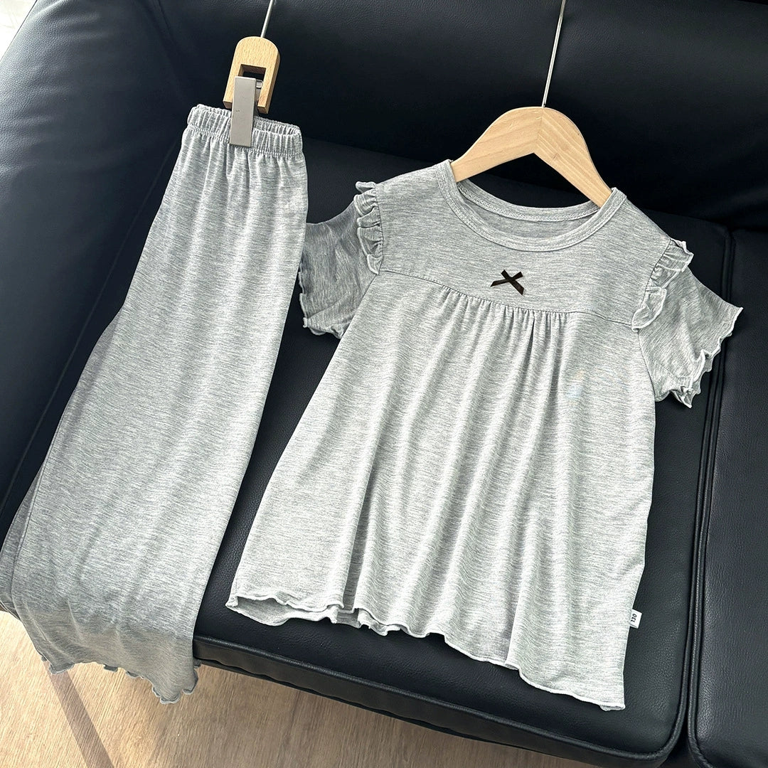 Minimalist Summer 2-Piece Girls' Pajama Set, Ages 2-13 | Color: Grey | Image 1