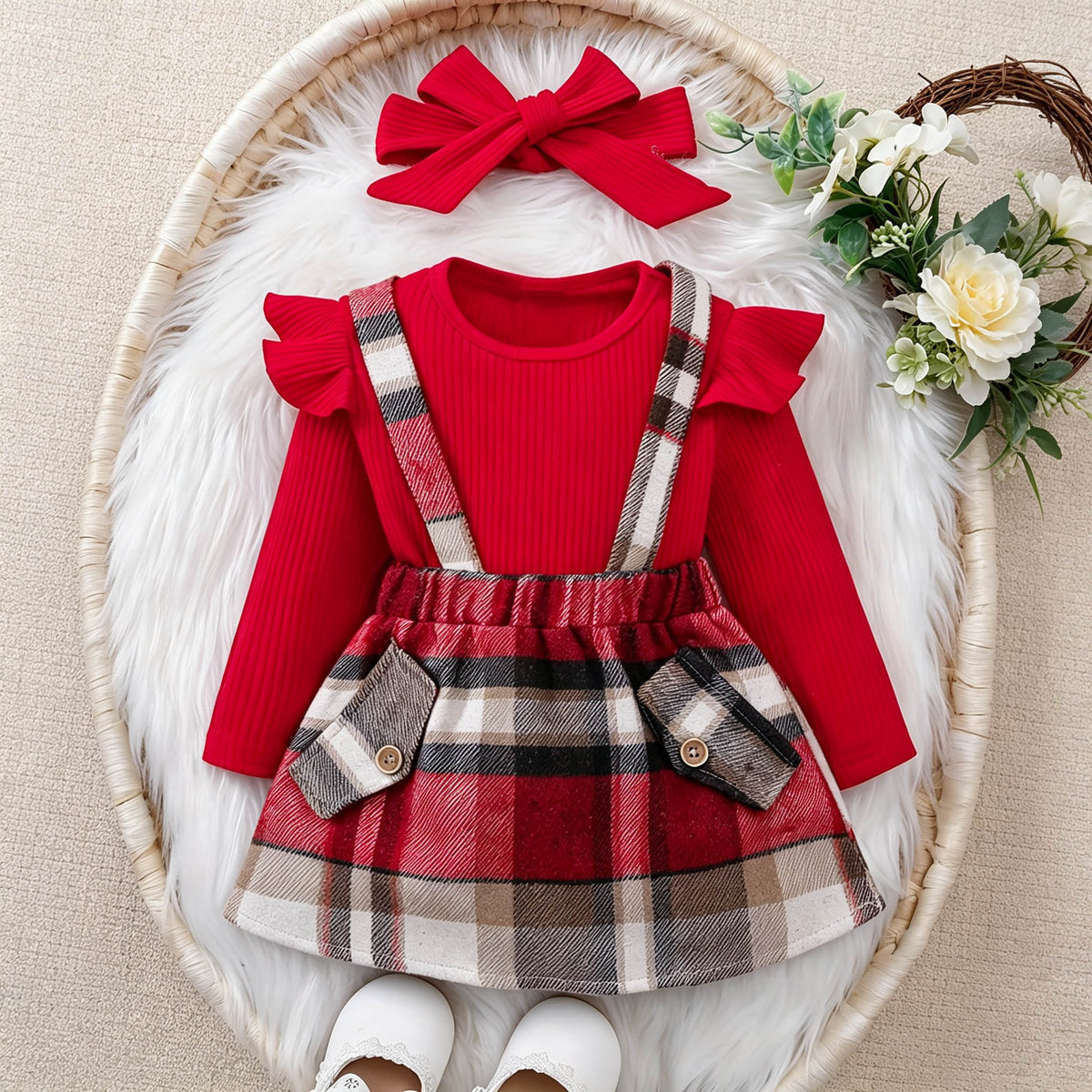Elegant Autumn 3-Piece Baby Girls' Dress Suit, Ages 0-24 Months | Color: Red | Image 1