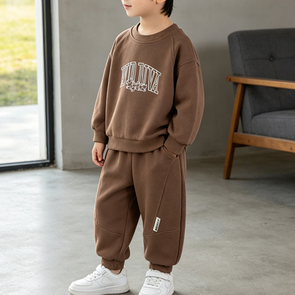 Modern Chic All-Season Casual Sporty Autumn 2-Piece Boys' Pants Suit, Ages 2-7 | Color: Brown | Image 1