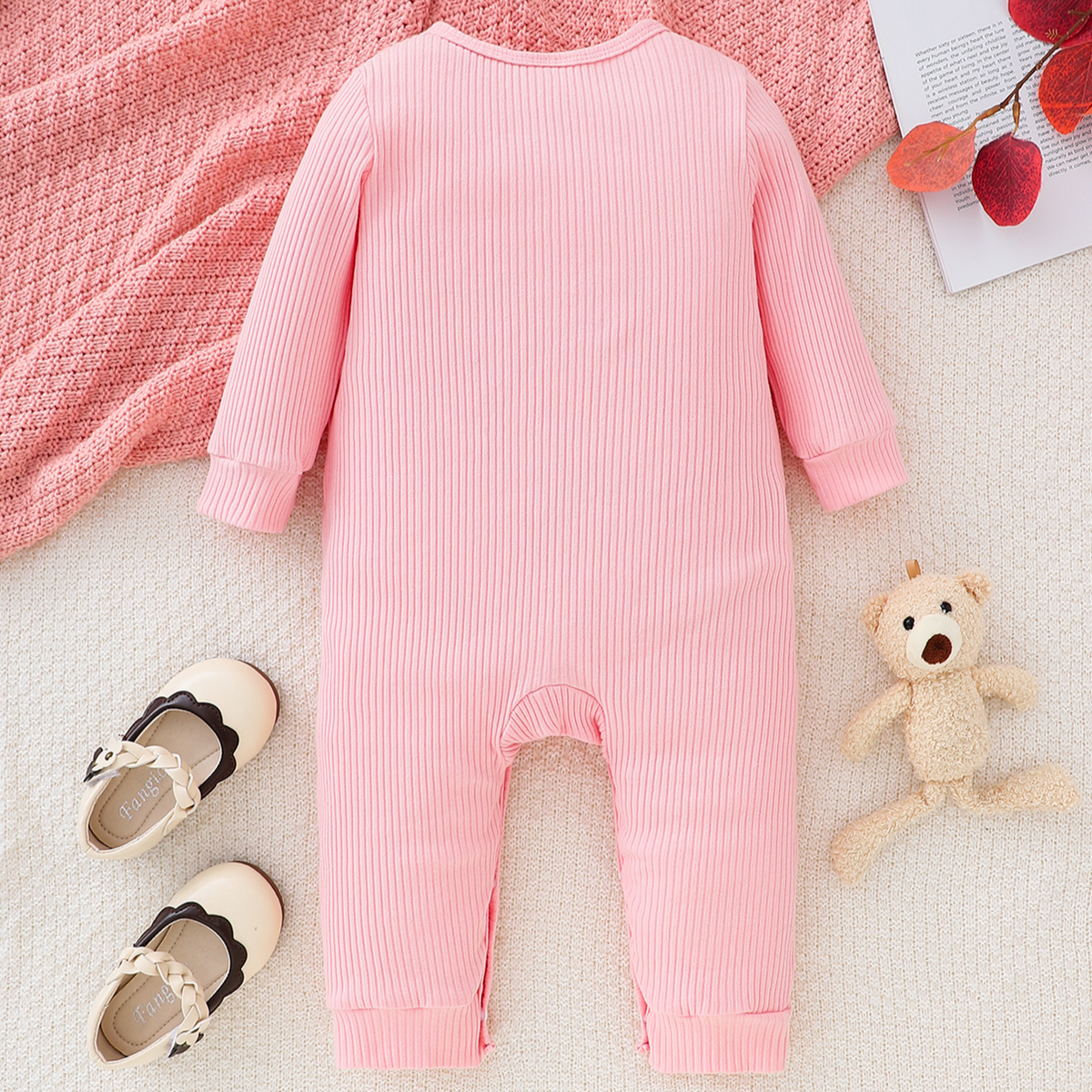 Minimalist Autumn Unisex Baby Jumpsuit, Ages 0-6 Months | Color: Pink | Image 3