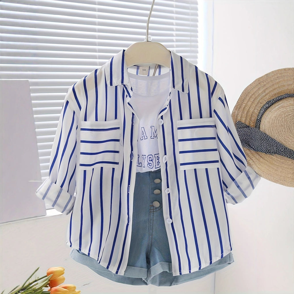 Casual Sporty Summer 3-Piece Girls' Pants Suit, Ages 2-9 | Color: Blue | Image 1
