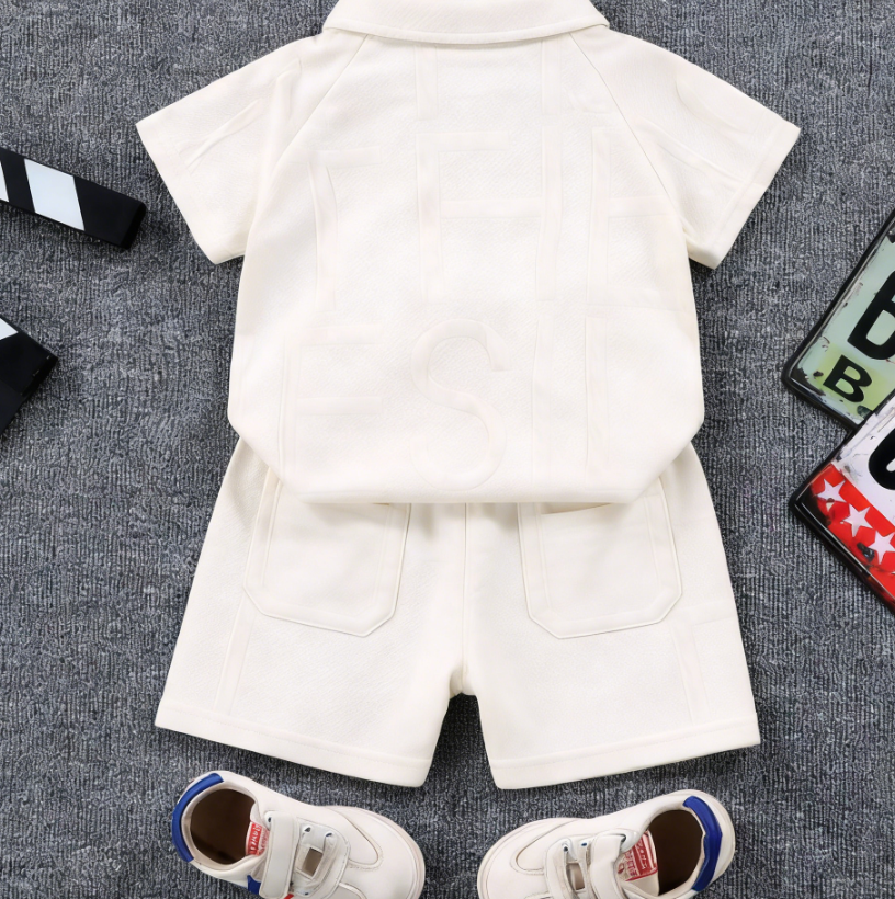 Modern Chic All-Season Minimalist Summer 2-Piece Boys' Pants Suit, Ages 1-6 | Color: Beige | Image 2