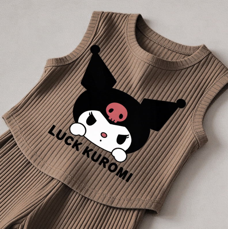 Modern Chic All-Season Minimalist Summer 2-Piece Girls' Pants Suit, Ages 2-9 | Color: Coffee | Image 2