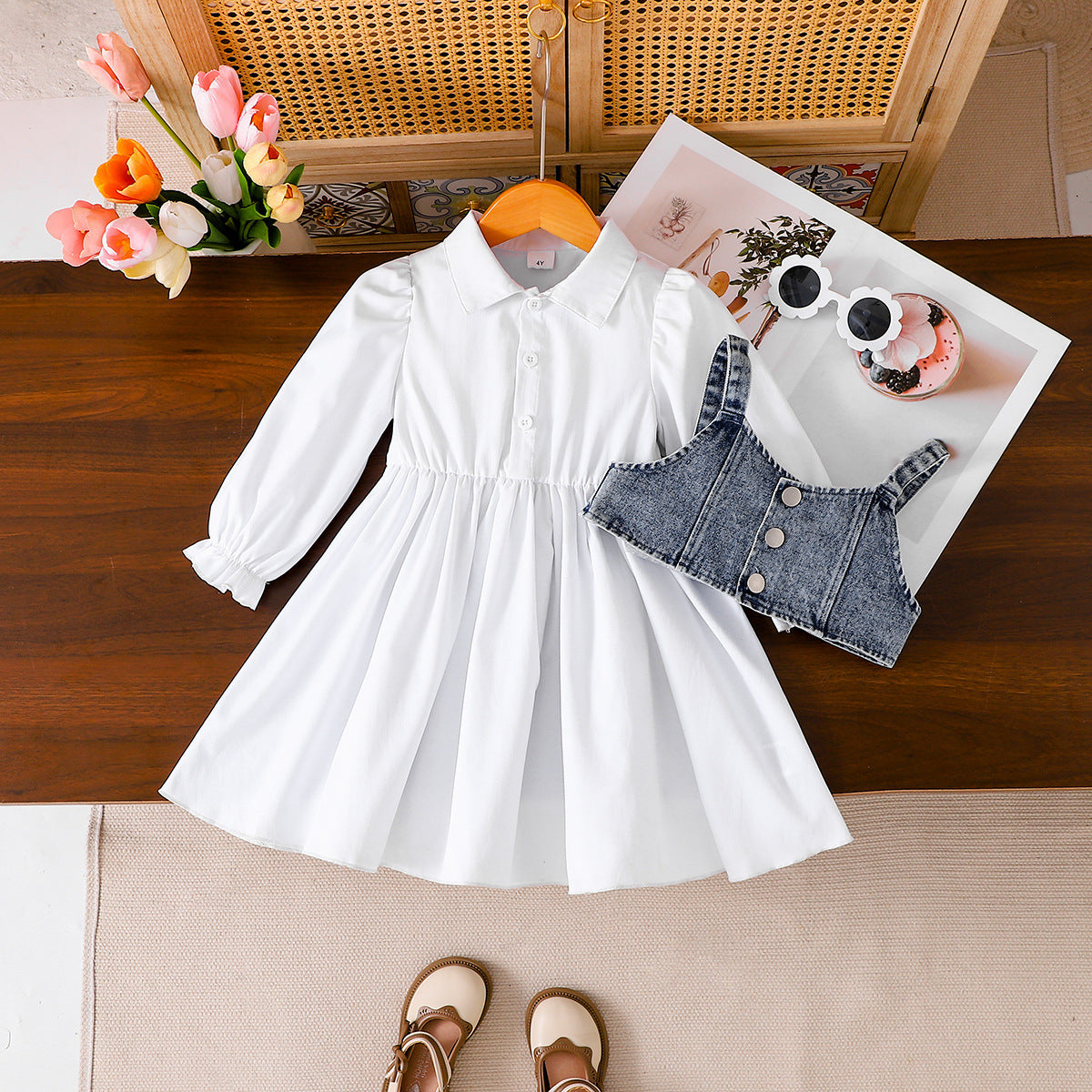 Trendy Autumn 2-Piece Girls' Dress Suit, Ages 2-7 | Color: White | Image 1