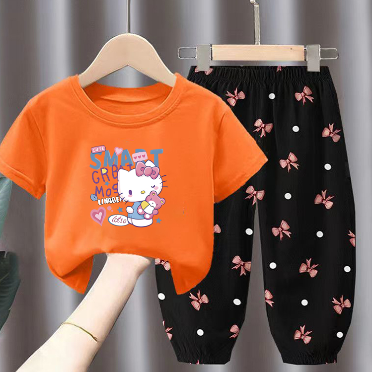 Modern Chic All-Season Minimalist Summer 2-Piece Girls' Pants Suit, Ages 2-9 | Color: Orange | Image 1