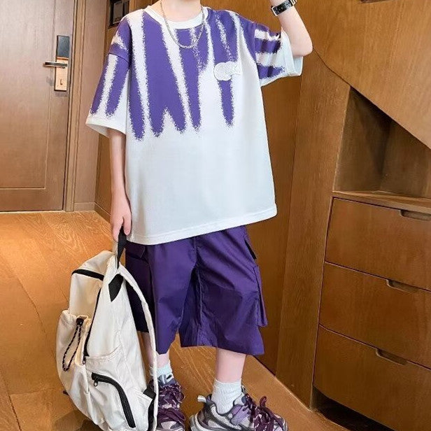 Casual Sporty Summer 2-Piece Boys' Pants Suit, Ages 4-14 | Color: Purple | Image 1