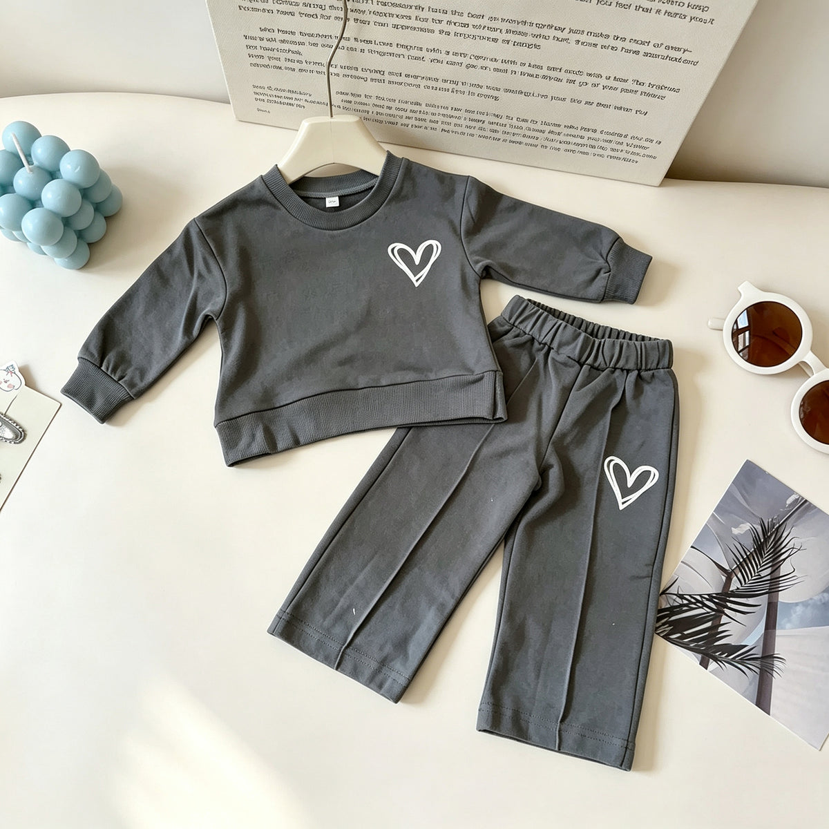 Minimalist Autumn 2-Piece Girls' Pants Suit, Ages 2-9 | Color: Dark Grey | Image 1