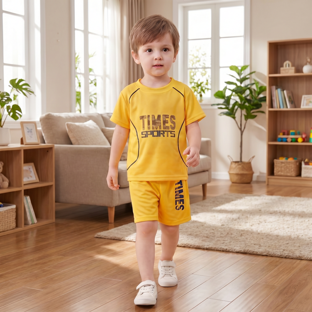 Minimalist Summer 2-Piece Unisex Kids' Pants Suit, Ages 3-11 | Color: Yellow | Image 3