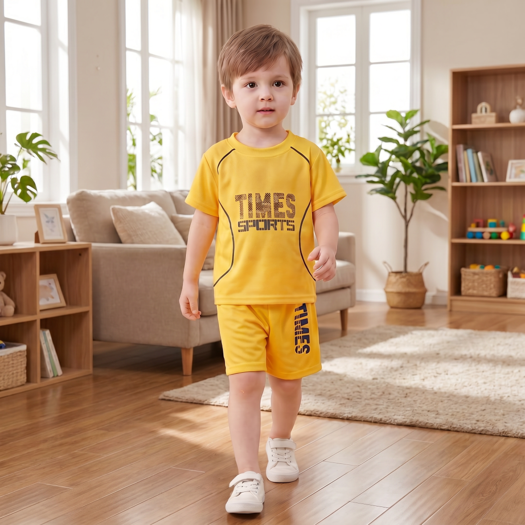 Minimalist Summer 2-Piece Unisex Kids' Pants Suit, Ages 3-11 | Color: Yellow | Image 3