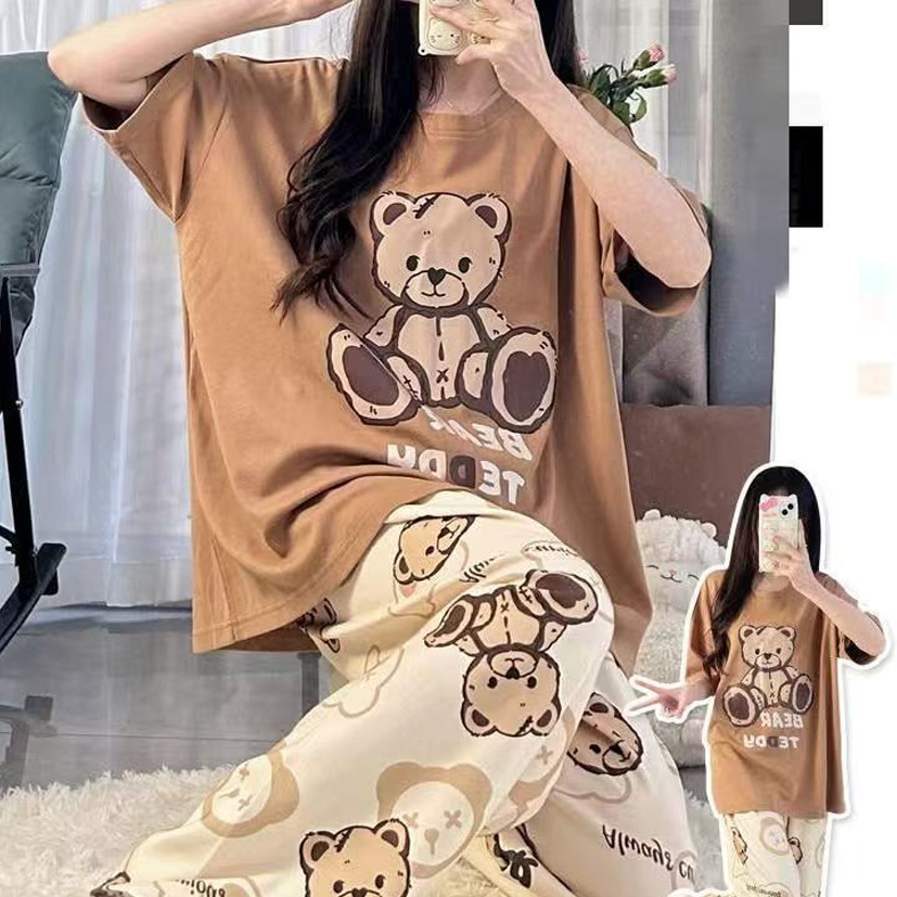 Sweet Feminine Summer 2 Pcs Women 's Short  Sleeve Sleep Set | Color: Style 1 | Image 3