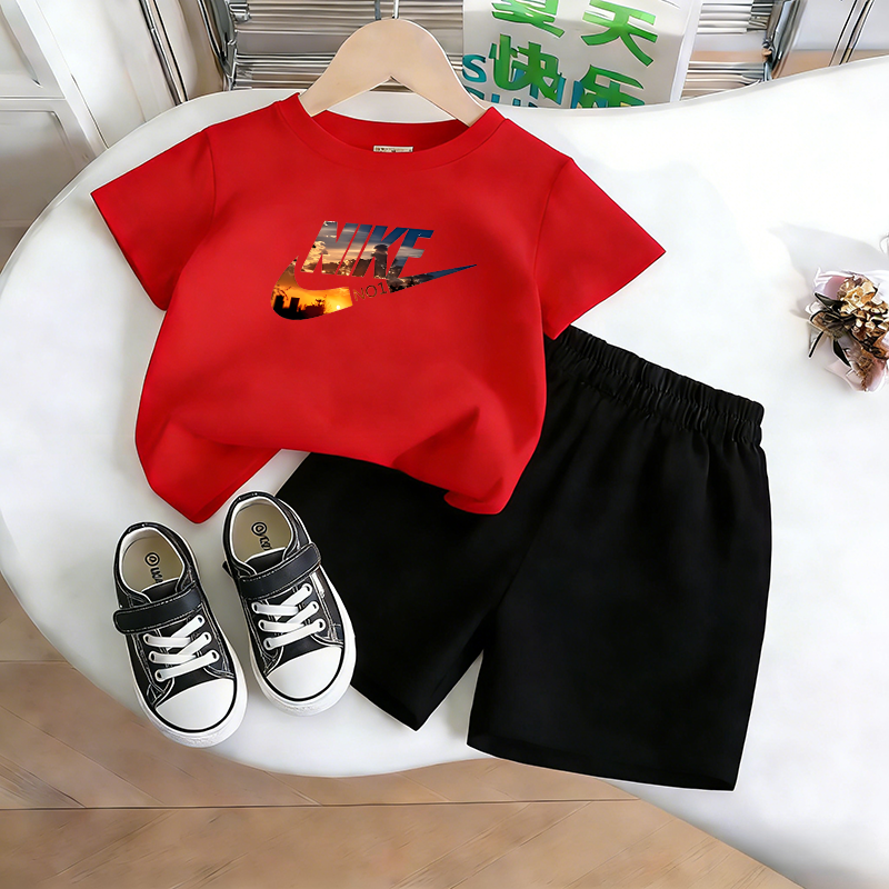 Modern Chic All-Season Casual Sporty Summer 2-Piece Unisex Kids' Pants Suit, Ages 2-9 | Color: Red | Image 1