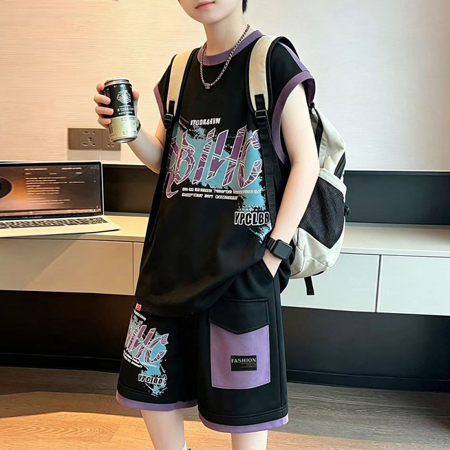 Casual Sporty Summer 2-Piece Boys' Pants Suit, Ages 4-14 | Color: Black | Image 1