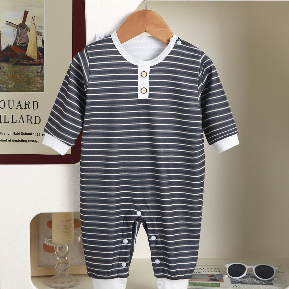 Minimalist Autumn Unisex Baby Jumpsuit, Ages 0-24 Months | Color: Grey | Image 2
