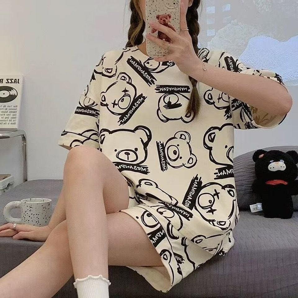 All-Season Sweet & Cute Summer 2 Pcs Women 's Short  Sleeve Sleep Set | Color: Light Nude | Image 1