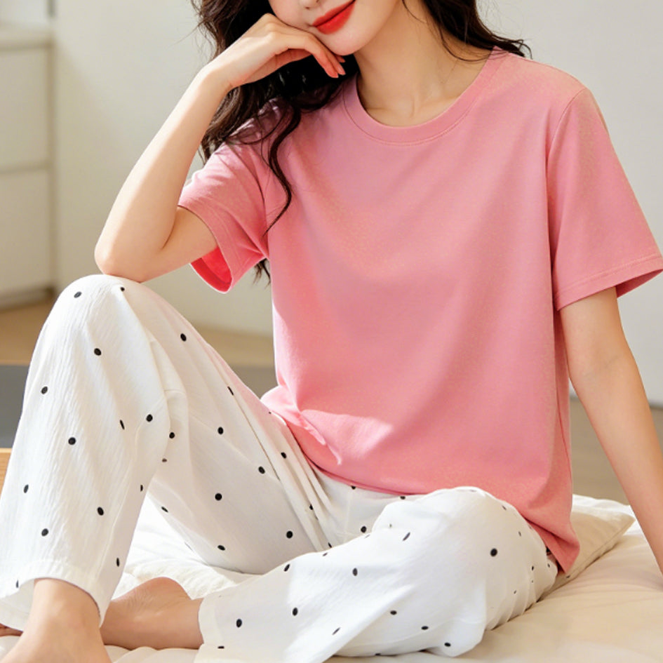 Minimalist Summer 2 Pcs Women 's Short  Sleeve Sleep Set | Color: Style 1 | Image 1