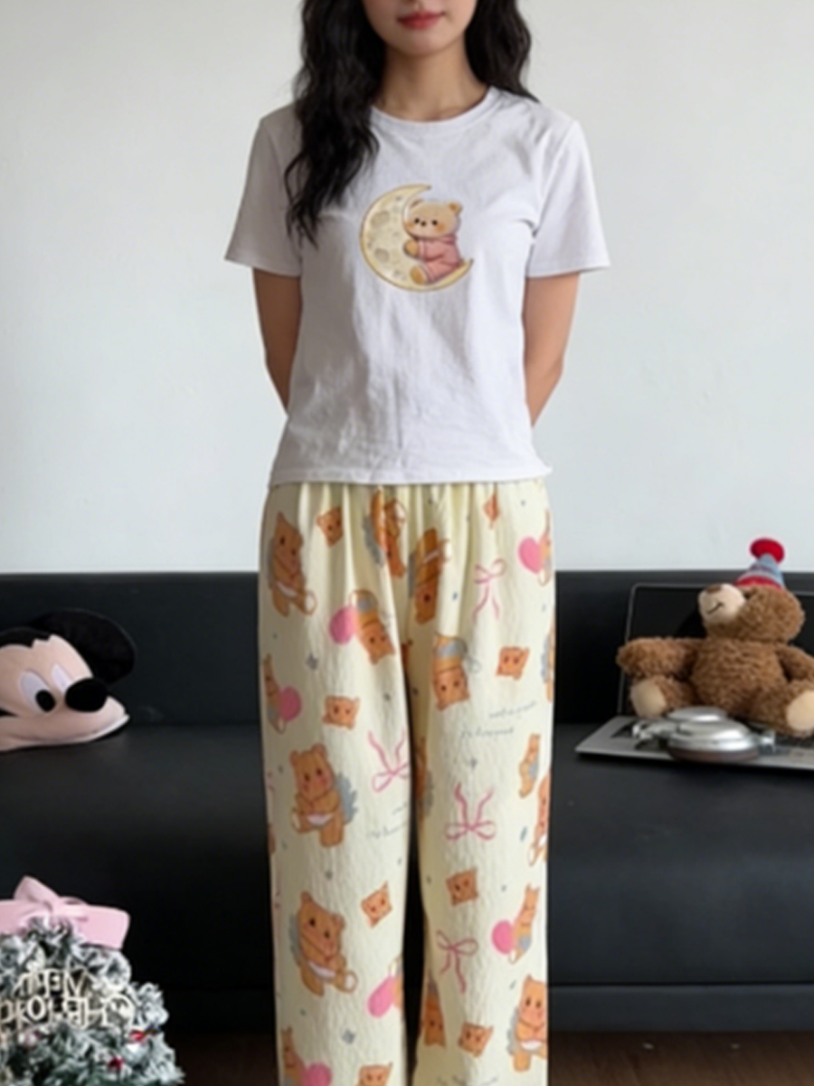 Sweet Feminine Summer 2 Pcs Women 's Short  Sleeve Sleep Set | Color: Style 1 | Image 2