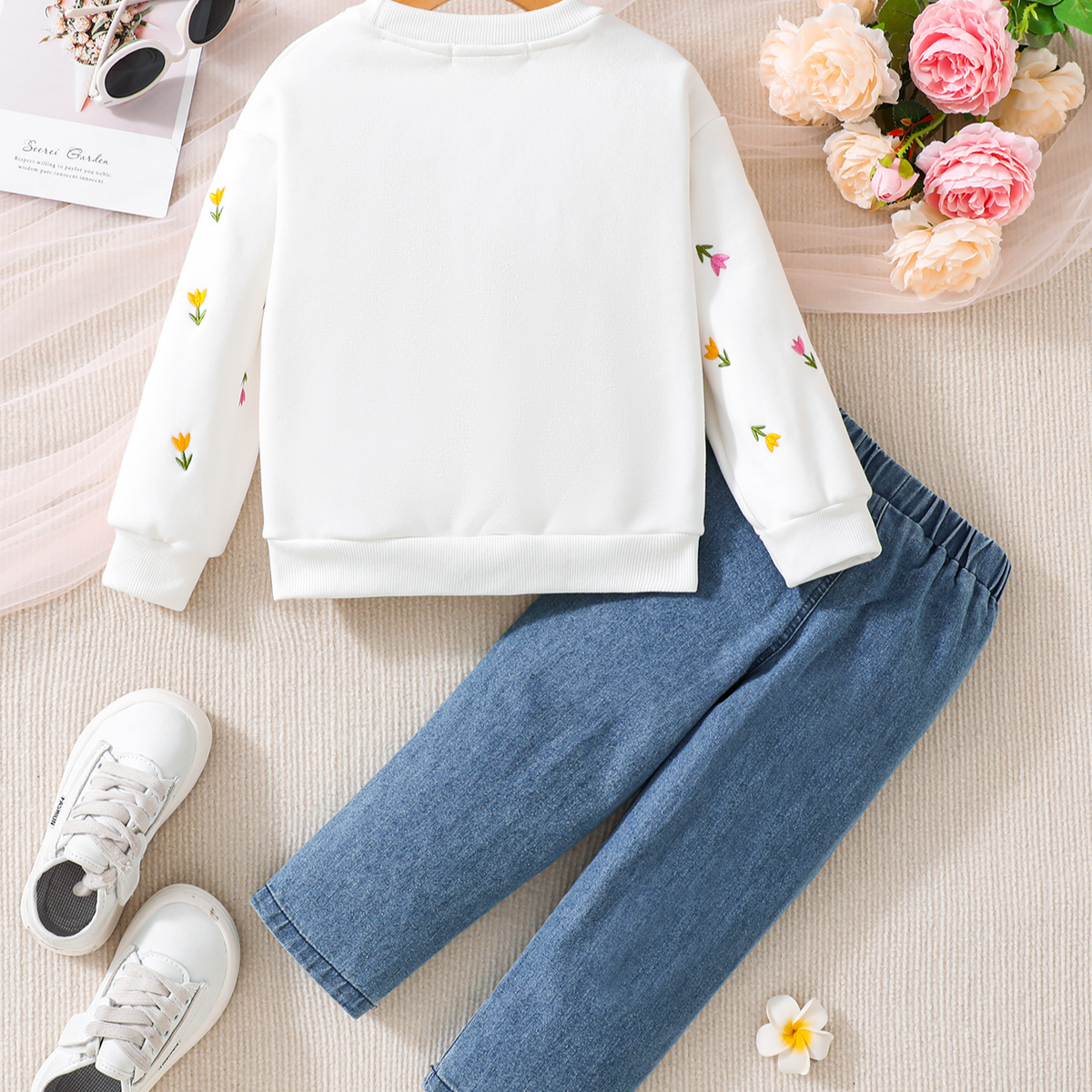 Sweet & Cute Autumn 2-Piece Girls' Pants Suit, Ages 2-5 | Color: White | Image 3