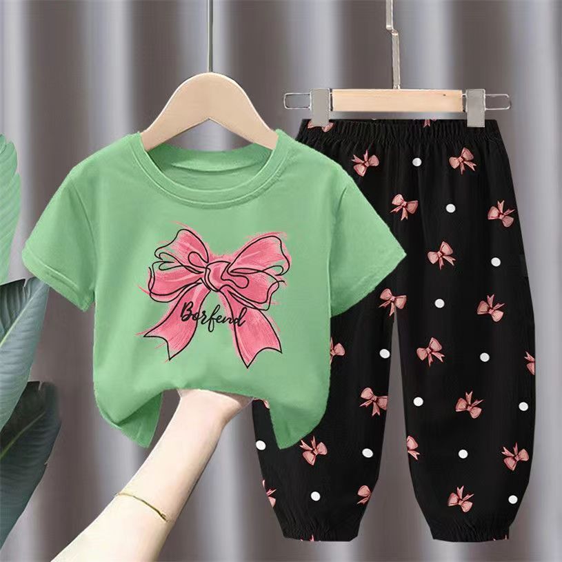 Minimalist Summer 2-Piece Unisex Kids' Pants Suit, Ages 2-7 | Color: Green | Image 1