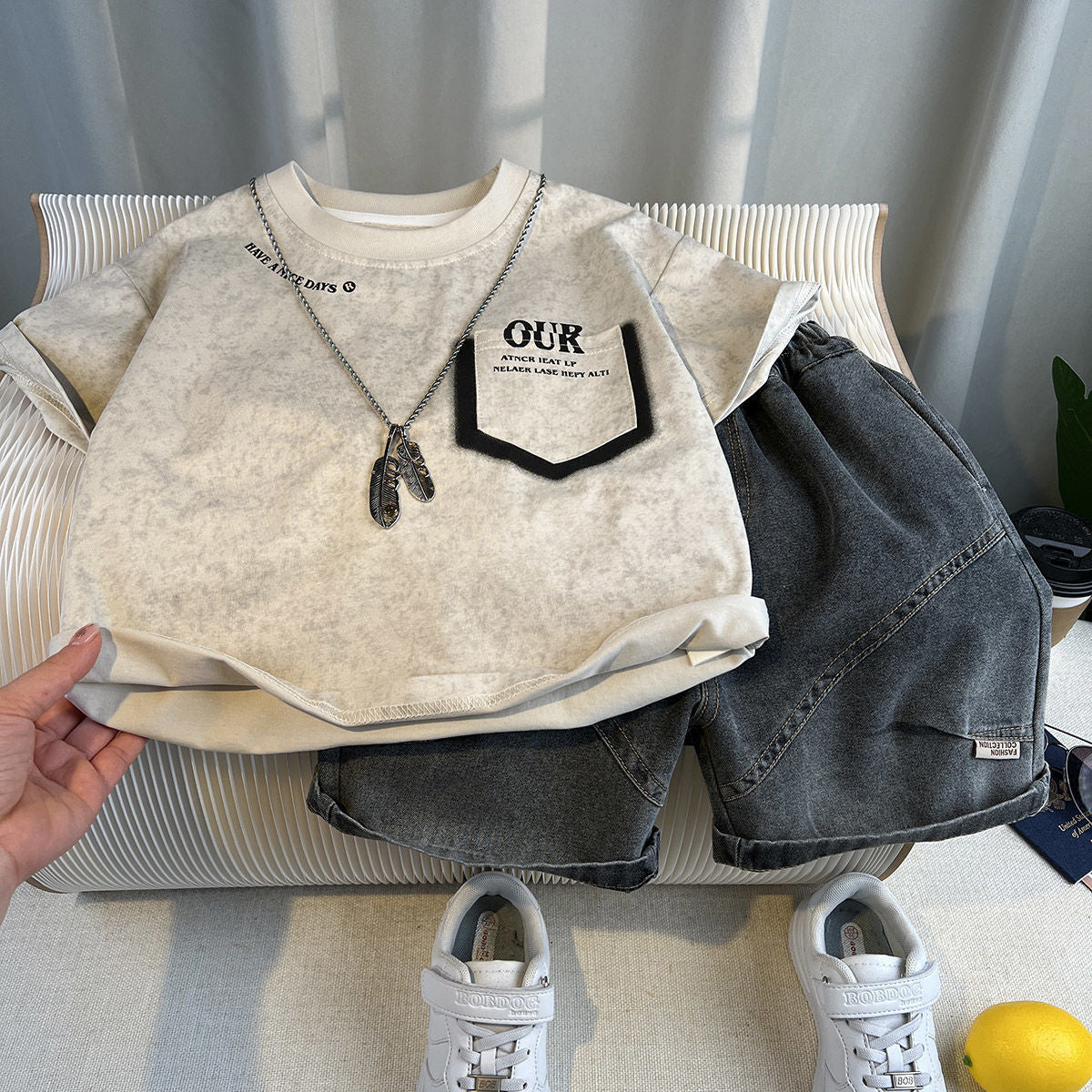 Casual Sporty Summer 2-Piece Boys' Pants Suit, Ages 2-9 | Color: Beige | Image 1
