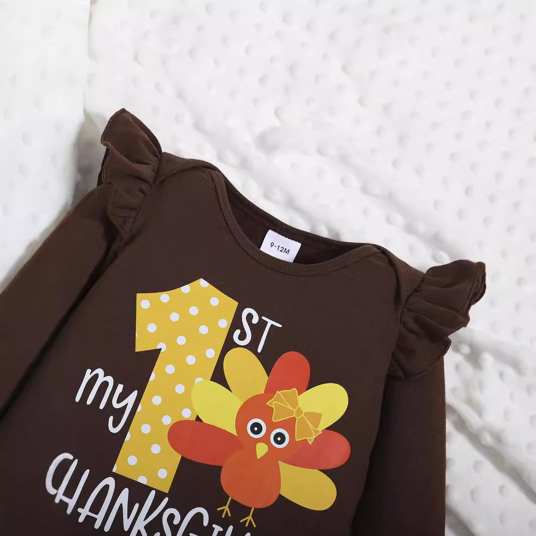 Sweet & Cute Autumn 2-Piece Baby Girls' Pants Suit, Ages 0-6 Months | Color: Deep Brown | Image 2