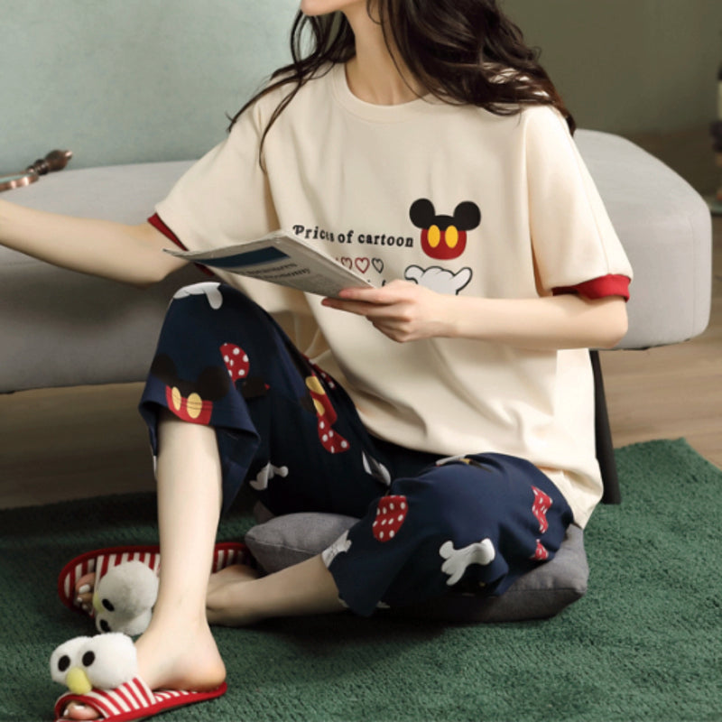 Minimalist Summer 2 Pcs Women 's Short  Sleeve Sleep Set | Color: Ivory | Image 3