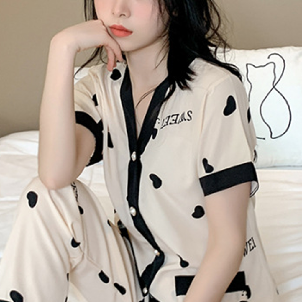 Modern Chic All-Season Minimalist Summer 2 Pcs Women 's Short  Sleeve Night Set | Color: White | Image 2