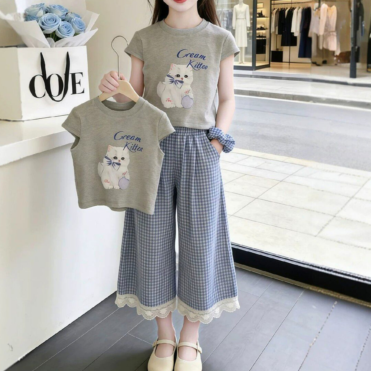 Casual Sporty Summer 2-Piece Girls' Pants Suit, Ages 4-14 | Color: Grey | Image 1