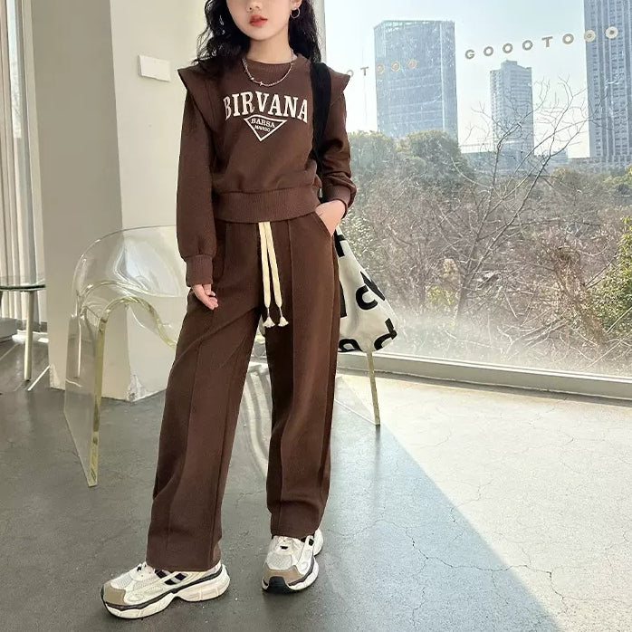 Casual Sporty Autumn 2-Piece Girls' Pants Suit, Ages 4-14 | Color: Brown | Image 1