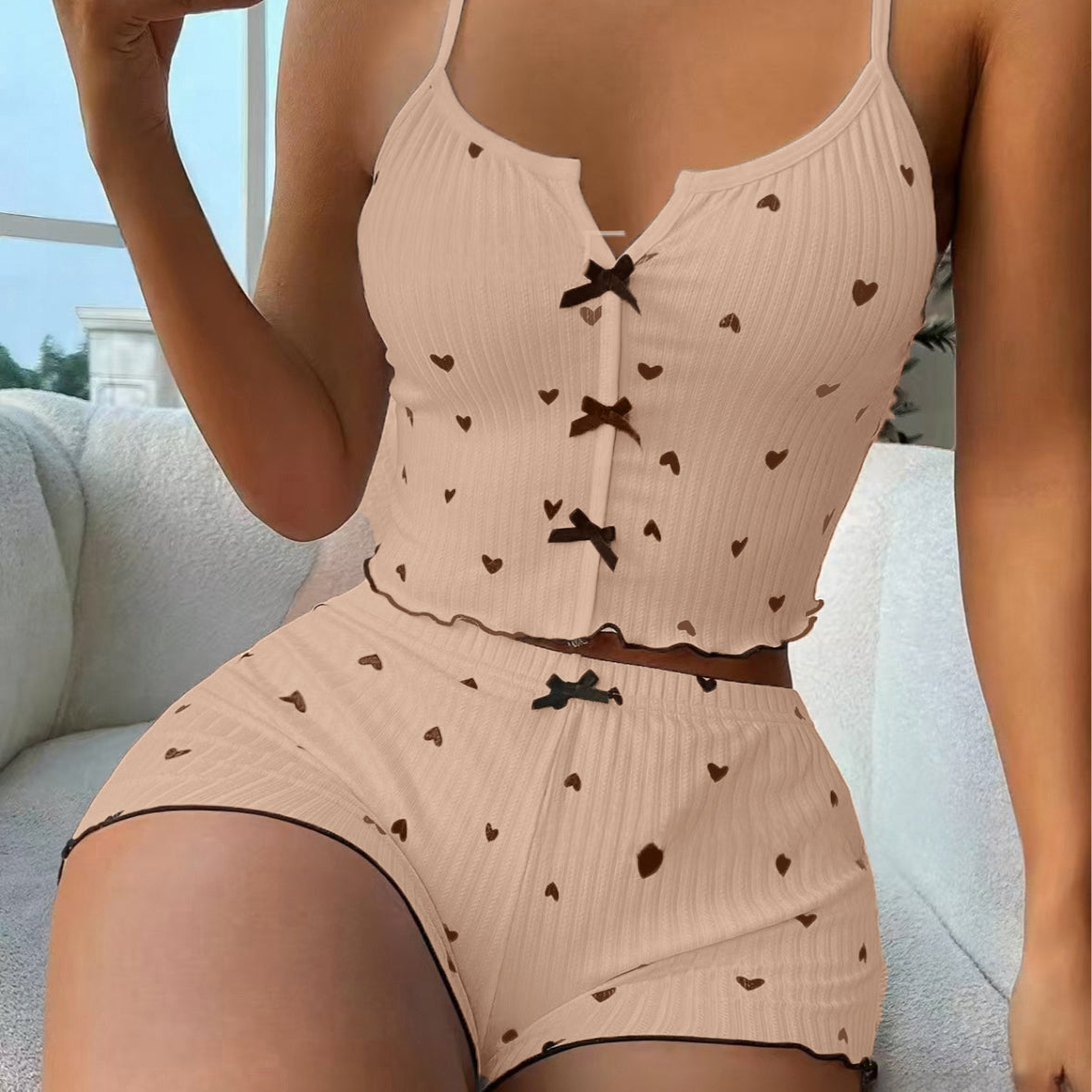 Sexy Summer 2 Pcs Women 's Sleeveless Sleep Set | Color: Light Nude | Image 1